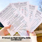 Each page of the Spoonie Challenge set is shown being held up. They are unlaminated. A note says Printed on High Quality 80 pound cardstock. The pages in the set are the spoonie challenge rules and spoonie definition, 2 value pages with preset or blank values, and a spoon use tracker.