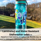 The 2 1/2 inch word cloud autism and 3 1/2 inch watercolor MECFS sticker are shown on a teal palstic waterbottle. A note says Laminted and Water Resistant. Dishwasher safe **. ** Based on 2 test washes on a glass cup. Results may vary based on detergent, dishwasher, and the number of rinses. 