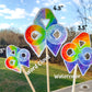 3 sizes of the stickers are shown 2.5 inch, 4.5 inch, and 3.5 inch. It also shows that the watercolor design is all color and no word cloud and the word cloud is the design with each section split in half with the word clouds