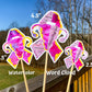 3 sizes of the stickers are shown. 3.5 inch, 4.5 inch, and 2.5 inch. It also shows that the watercolor design is all color and no word cloud and the word cloud is the design with each section split in half with the word clouds. 