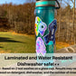 The watercolor MECFS sticker is are shown on a teal palstic waterbottle. A note says Laminted and Water Resistant. Dishwasher safe **. ** Based on 2 test washes on a glass cup. Results may vary based on detergent, dishwasher, and the number of rinses.