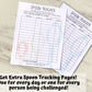 An unlaminated and laminated spoon tracker are shown on a marble background. A note says Get extra spoon tracking pages! One for every day or one for every person being challenged. 