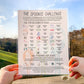 The main page of the Spoonie Challenge is shown being held up. There is a short description, then a line for noting your starting spoons for the day. Below are 23 activies (get out of bed, study, drive, hobby , bathe, and more) with pre-set spoon values, there is one blank spot. Towards the bottom is a spoon recharging guide. Instructions are given on how to recharge spoons using a number generator. 3 activities are given, nap 1 hour, caffeine, and sit and relax for 30 min. Each has pre-set spoon values. 