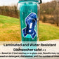 The watercolor MECFS sticker is shown on a teal palstic waterbottle. A note says Laminted and Water Resistant. Dishwasher safe **. ** Based on 2 test washes on a glass cup. Results may vary based on detergent, dishwasher, and the number of rinses. 