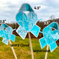 3 sizes of the stickers are shown 2.5 inch, 4.5 inch, and 3.5 inch. It also shows that the watercolor design is all color and no word cloud and the word cloud is the design with each section split in half with the word clouds