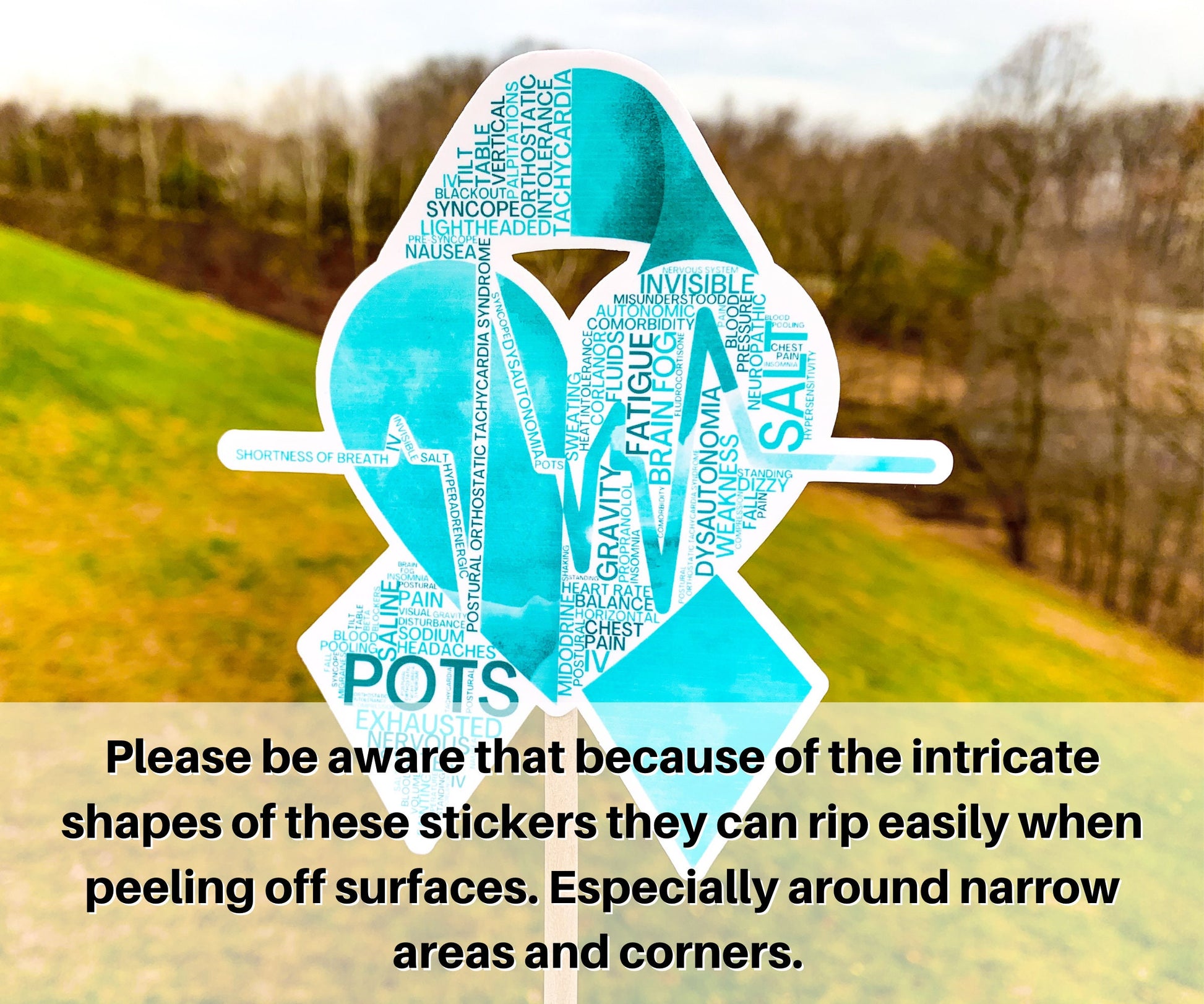 A Word cloud POTS sticker is shown being held up on a stick. A note says please be aware that because of the intricate shapes of these stickers they can rip easily when peeling off surfaces. Especially around narrow areas and corners. 