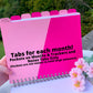 The book is being held up without the cover to show the tabs. The first tab is labeled Months and trackers, it is light pink with a darker hot pink angled pocket. The other tabs are blank and the last is labeled Notes. The tabs alternate between light blue and hot pink, with black writing. A note says Tabs for each month, pocket on months and tracker, and notes tabs only. Pockets are not meant to hold large amounts.