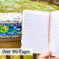 A lined book is shown open with a pink ribbon down the middle. A stack to the left has 6 books with various patterened covers. A note says over 180 pages.