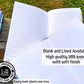 An open blank page book is shown on top of an open lined page book. A note says blank and lined available. High quality 28 pound paper with soft finish. Every book plants one tree.