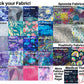  28 fabrics are shown in mostly blues and purples, some pink. There are also fabrics marked as Spoonie fabrics, positivity fabrics, and medical themed.