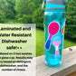 The bisexual and transgender pride spoon stickers are shown on a teal waterbottle, you can see awareness ribbon sticker on the side of the water bottle. A note says Laminted and Water Resistant. Dishwasher safe **. ** Based on 2 test washes on a glass cup. Results may vary based on detergent, dishwasher, and the number of rinses. 