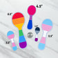 6 sizes of pride spoon stickers are shown compared to the size of a US quarter. 2.5 inch asexual pride, 3.5 inch trans pride, 4.5 inch bisexual pride, 5.5 inch transgender pride, and 6.5 inch original rainbow pride.