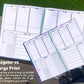 A regular sized journal is shown sitting on top of the large print journal for size comparison. A note says that to keep writing areas as large as possible notes style is not standard in the large print style. Please contact me if you would like it chagned in your journal.