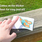A hand is shown peeling the turquoise bear sticker off a sticker sheet. A note says comes on the sticker sheet for easy peel off