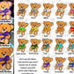 3 versions of the purple ribbon bear are shown on the left. Each of the bears has a matching, black, or white outline. Several example bears are shown with watermarks over them. The name of the color ribbon is shown underneath. A note says Don't see the ribbon color/pattern you want? Contact me or choose "custom" and write which color/ribbon you are looking for 