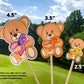The 4 1/2 inch purple and pink polka dot bear, 3 1/2 inch orange bear, and 2 1/2 inch yellow bear are shown again for size comparison. A note says all sticker .666 inch not .5 inch, but the numbers have been rounded down for easier measurement