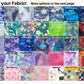 35 Fabric options are shown in colors and pattern top down blues, greens, purples, pinks, and reds and rainbows on the side