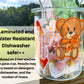 2 stickers are shown on a glass jar. This is for an example of surfaces it can stick to. A note says Laminted and Water Resistant. Dishwasher safe **. ** Based on 2 test washes on a glass cup. Results may vary based on detergent, dishwasher, and the number of rinses.